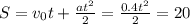 S = v_{0}t + \frac{at^{2} }{2}=\frac{0.4t^{2} }{2}=20