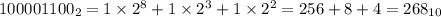 100001100_2=1\times 2^8+1\times 2^3+1\times 2^2=256+8+4=268_{10}