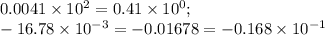 0.0041\times 10^2=0.41\times 10^0; \\ -16.78\times10^{-3}=-0.01678=-0.168\times 10^{-1}