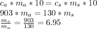 c_a*m_a*10=c_s*m_s*10\\903*m_a=130*m_s\\\frac{m_s}{m_a}=\frac{903}{130}=6.95