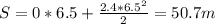 S=0*6.5+ \frac{2.4*6.5 ^{2} }{2} =50.7m