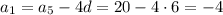 a_1=a_5-4d=20-4\cdot6=-4