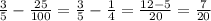 \frac{3}{5}- \frac{25}{100} = \frac{3}{5} - \frac{1}{4} = \frac{12-5}{20} = \frac{7}{20}