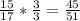 \frac{15}{17} * \frac{3}{3} = \frac{45}{51}