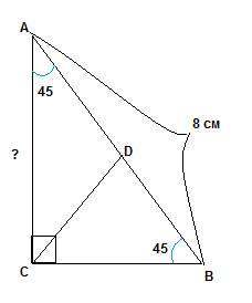 Впрямоугольном треугольнике abc угол с= 90 градусов ab=8см, abc=45 градусам найти ас. высоту cd, про