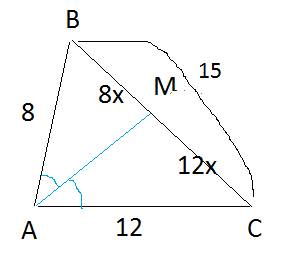 Втреугольнике abc длины сторон 8, 12, 15. найти биссектрису, проведённую к большей стороне.