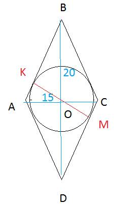 Диагонали ромба 30см и 40см. вычислить отрезки, на которые делит сторону ромба точка соприкосновения