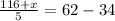 \frac{116+x}{5} = 62-34