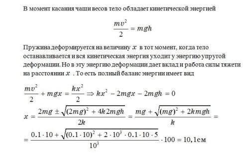 Тело массой m = 100 г падает с высоты h = 5 м на чашу пружинных весов (рис.) и сжимает пружину жестк