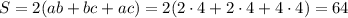 S=2(ab+bc+ac)=2(2\cdot4+2\cdot4+4\cdot4)=64