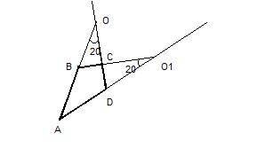 Вчетырехугольнике abcd продолжения противоположных сторон ab и cd пересекаются под углом 20? ; продо