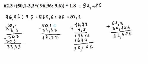 Выполните действия: 62,3+(50,1-3,3*( 96,96: 9,6)) * 1,8 можно по действиям