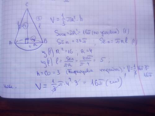 Найдите объем конуса , если площадь его основания равна 16π, а площадь боковой поверхности равна 20π