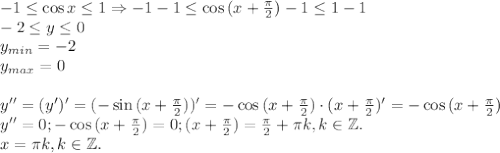 -1\le \cos{x}\le 1\Rightarrow -1-1\le\cos{(x+\frac{\pi}{2})}-1\le 1-1\\-2\le y\le 0\\y_{min}=-2\\y_{max}=0\\\\y''=(y')'=(-\sin{(x+\frac{\pi}{2})})'=-\cos{(x+\frac{\pi}{2})}\cdot (x+\frac{\pi}{2})'=-\cos{(x+\frac{\pi}{2})}\\y''=0;-\cos{(x+\frac{\pi}{2})}=0;(x+\frac{\pi}{2})=\frac{\pi}{2}+\pi k,k\in \mathbb{Z}.\\x=\pi k,k\in \mathbb{Z}.