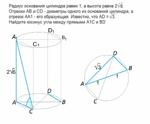 Решить, . радиус основания цилиндра равен 1, а высота равна 2 корень из 6. отрезки ав и сd - диаметр