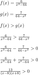 f(x)=\frac{6}{x^2-64}\\\\g(x)=\frac{7}{64-x^2}\\\\f(x)g(x)\\\\\frac{6}{x^2-64}\frac{7}{64-x^2}\\\\\frac{6}{x^2-64}-\frac{7}{64-x^2}0\\\\\frac{6}{x^2-64}+\frac{7}{x^2-64}0\\\\\frac{13}{(x-8)(x+8)}0