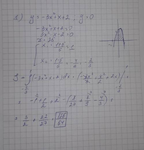 Вычислите площадь фигуры ограниченную линиями: 1) y=-3x^2+x+2, y=0 2) y=3+2x-x^2, y=-4x+12,x=0 много