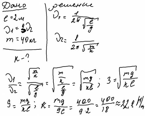 Частота колебаний маятника длиной 2 м в 3раза больше частоты пружинного маятника массой 40 . определ