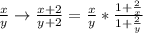 \frac{x}{y} \to \frac{x+2}{y+2} = \frac{x}{y} * \frac{1+ \frac{2}{x} }{1+ \frac{2}{y}}