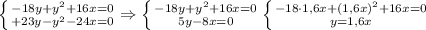 \left \{ {{-18y+y ^{2} +16x=0} \atop {+23y-y ^{2} -24x=0}} \Rightarrow \left \{ {{-18y+y ^{2} +16x=0} \atop {5y-8x=0}} \left \{ {{-18\cdot 1,6x+(1,6x) ^{2} +16x=0} \atop {y=1,6x}}