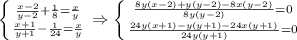 \left \{ {{\frac{x-2}{y-2}+ \frac{1}{8}= \frac{x}{y}} \atop&#10; {\frac{x+1}{y+1}- \frac{1}{24}= \frac{x}{y} }} \right. \Rightarrow &#10;\left \{ {{\frac{8y(x-2)+y(y-2)-8x(y-2)}{8y(y-2)}=0} \atop &#10;{\frac{24y(x+1)-y(y+1)-24x(y+1)}{24y(y+1)}=0}} \right.