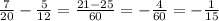 \frac{7}{20} - \frac{5}{12} = \frac{21-25}{60} =- \frac{4}{60} =- \frac{1}{15}