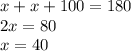 x+x+100=180 \\ 2x=80 \\ x =40