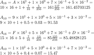 A_{16}=A\times 16^1+1\times 16^0+7\times 16^{-1}+5\times 16^{-2}= \\ 10\times 16+1+ \frac{7}{16}+ \frac{5}{256}=161 \frac{117}{256}=161.45703125 \\ \\ A_{10}=9\times10^1+1\times10^0+5\times10^{-1}+3\times10^{-2}= \\ 9\times 10+1+0.5+0.03=91.53 \\ \\ A_{16}=F\times 16^1+5\times 16^0+7\times 16^{-1}+D\times 16^{-2}= \\ 15\times 16+5+ \frac{7}{16}+ \frac{13}{256}=85 \frac{125}{256}=85.48828125 \\ \\ A_{10}=1\times10^1+5\times10^0+4\times10^{-1}+7\times10^{-2}= \\ 1\times 10+5+0.4+0.07=15.47