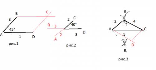 А) постройте параллелограмм, один из углов которого равен 45 градусов, а стороны равны 3 см и 5 см.