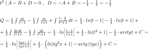 t^2\; |\; A-B+D=0\; ,\; \; D=-A+B=-\frac{1}{4}-\frac{1}{4}=-\frac{1}{2}\\\\\\Q=\frac{1}{4}\int \frac{dt}{t-1}-\frac{1}{4}\int \frac{dt}{t+1}+\int \frac{t-\frac{1}{2}}{t^2+1}\, dt=\frac{1}{4}\cdot ln|t-1|-\frac{1}{4}\cdot ln|t+1|+\\\\+\frac{1}{2}\int \frac{2t\, dt}{t^2+1}-\frac{1}{2}\int \frac{dt}{t^2+1}=\frac{1}{4}\cdot ln\Big |\frac{t-1}{t+1}\Big |+\frac{1}{2}\cdot ln|t^2+1|-\frac{1}{2}\cdot arctgt+C=\\\\=\frac{1}{4}\cdot ln\Big |\frac{tgx-1}{tgx+1}\Big |+\frac{1}{2}\cdot \Big (ln|tg^2x+1|-artg\, (tgx)\Big)+C=