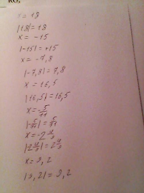 Найдите значение выражения /х/ , если х = 18 ; -15; -7,8 ; 16,5 ; - 5/11 ; - 2 4/9 ; 9.2.