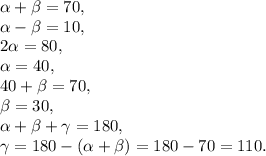 \alpha+\beta=70, \\&#10;\alpha-\beta=10, \\&#10;2\alpha=80, \\&#10;\alpha=40, \\&#10;40+\beta=70, \\&#10;\beta=30, \\&#10;\alpha+\beta+\gamma=180, \\&#10;\gamma=180-(\alpha+\beta)=180-70=110.