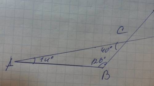 Как начертить треугольник авс : а=14 градусов; в=126 градусов; с=40 градусов