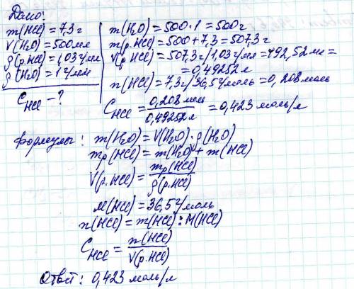 Визначте молярну концентрацію розчину, одержаного розчиненням 7,3 грамів хлороводню у 500 мілілітрах