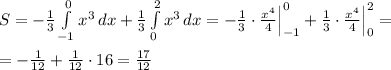 S=-\frac{1}{3}\int \limits _{-1}^0x^3\, dx+\frac{1}{3}\int \limits _0^2x^3\, dx=-\frac{1}{3}\cdot \frac{x^4}{4}\Big |_{-1}^0+\frac{1}{3}\cdot \frac{x^4}{4}\Big |_0^2=\\\\=-\frac{1}{12}+\frac{1}{12}\cdot 16=\frac{17}{12}