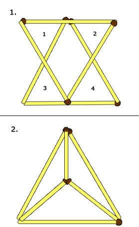 Как зделать из 6 спичек 4 триугольника