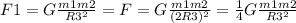 F1=G \frac{m1m2}{R 3^{2} }=F=G \frac{m1m2}{(2R3) ^{2} }= \frac{1}{4} G \frac{m1m2}{R3 ^{2} }