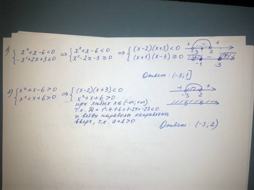 Решить систему неравенств {x^2+x-6< 0 {-x^2+2x+3< =0 {x^2+x-6> 0 {x^2+x+6> 0