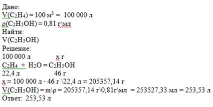 Рассчитайте объем этанола (плотность 0,81 г/мл), который теоретически можно получить из 100 м^3 этил