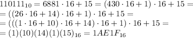 110111_{10} = 6881\cdot16+15=(430\cdot16+1)\cdot16+15=\\&#10;=((26\cdot16+14)\cdot16+1)\cdot16+15=\\&#10;=(((1\cdot16+10)\cdot16+14)\cdot16+1)\cdot16+15=\\&#10;=(1)(10)(14)(1)(15)_{16}=1AE1F_{16}&#10;