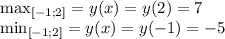 \max_{[-1;2]}=y(x)=y(2)=7 \\ \min_{[-1;2]}=y(x)=y(-1)=-5