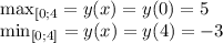 \max_{[0;4}=y(x)=y(0)=5 \\ \min_{[0;4]}=y(x)=y(4)=-3