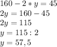 160-2*y=45 \\ 2y=160-45 \\ 2y=115 \\ y=115:2 \\ y=57,5