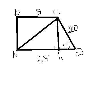 50 в прямоугольной трапеции abcd углы a и b прямые, а также bc=9, ad=25, cd=20. найдите периметр тра