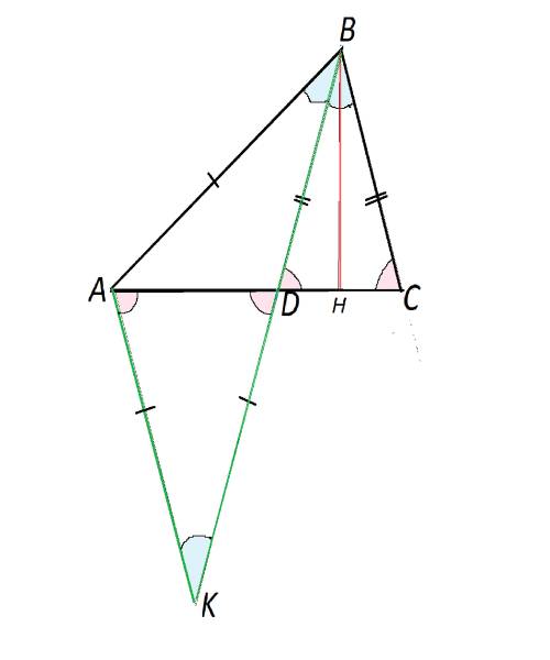 5. bd – биссектриса δ abc. на ее продолжении выбрана точка k так, что dk=ab. при этом оказалось, что