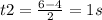 t2= \frac{6-4}{2} =1s