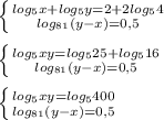 \left \{ {{log_{5}x }+log_{5}y=2+2log_{5}4\atop {log_{81}(y-x)=0,5}} \right.\\\\\left \{ {{log_{5} xy}=log_{5}25+log_{5}16\atop {log_{81}(y-x)=0,5 }} \right.\\\\\left \{ {{log_{5}xy=log_{5}400} \atop {log_{81}(y-x)=0,5 }} \right.