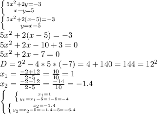 \left \{ {{5x^2+2y=-3} \atop {x-y=5}} \right. \\ \left \{ {{5x^2+2(x-5)=-3} \atop {y=x-5}} \right. \\ 5x^2+2(x-5)=-3 \\ 5x^2+2x-10+3=0 \\ 5x^2+2x-7=0 \\ D=2^2-4*5*(-7)=4+140=144=12^2 \\ x_1= \frac{-2+12}{2*5}= \frac{10}{10}=1 \\ x_2= \frac{-2-12}{2*5}= \frac{-14}{10}=-1.4 \\ \left \{ {{ \left \{ {{x_1=1} \atop {y_1=x_1-5=1-5=-4}} \right.} \atop { \left \{ {{x_2=-1.4} \atop {y_2=x_2-5=-1.4-5=-6.4}} \right. }} \right.