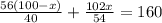 \frac{56(100 - x)}{40} + \frac{102x}{54} = 160