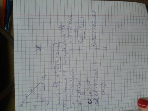 Втреугольнике авс угол с равен 90°, сн - высота, ас = 15, ан=12. найдите cos b